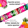 Birthday Girl hot pink sash details. Glitter sombrero and cactus.