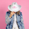 White cowgirl hat with pink custom text