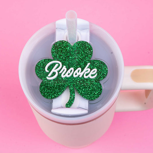 Shamrock Stanley name plate in green glitter. Stanley Personalized Tumbler Name Tag - Make it Yours!