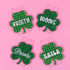 Shamrock Stanley name plate in green plaid and green glitter. Stanley Personalized Tumbler Name Tag - Make it Yours!