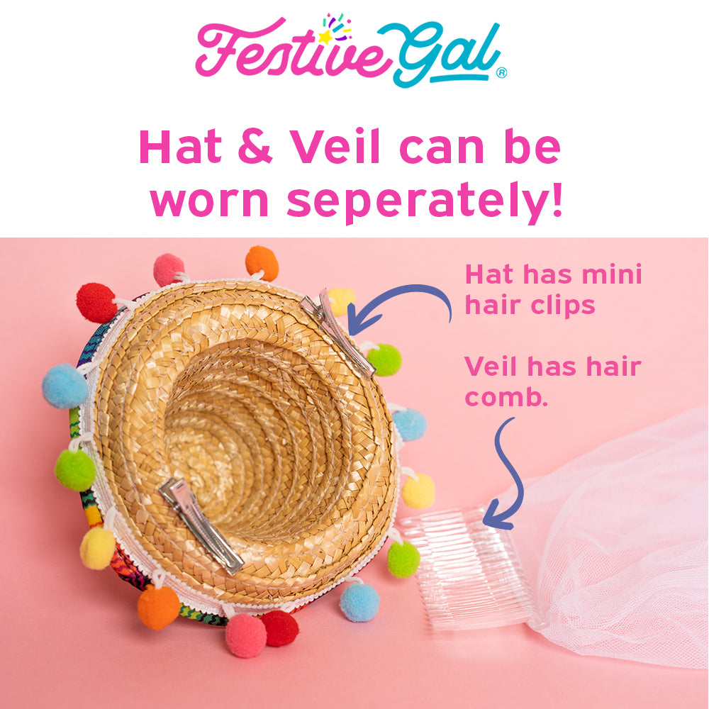 Hat and veil can be worn separately. Showing hat clips. 