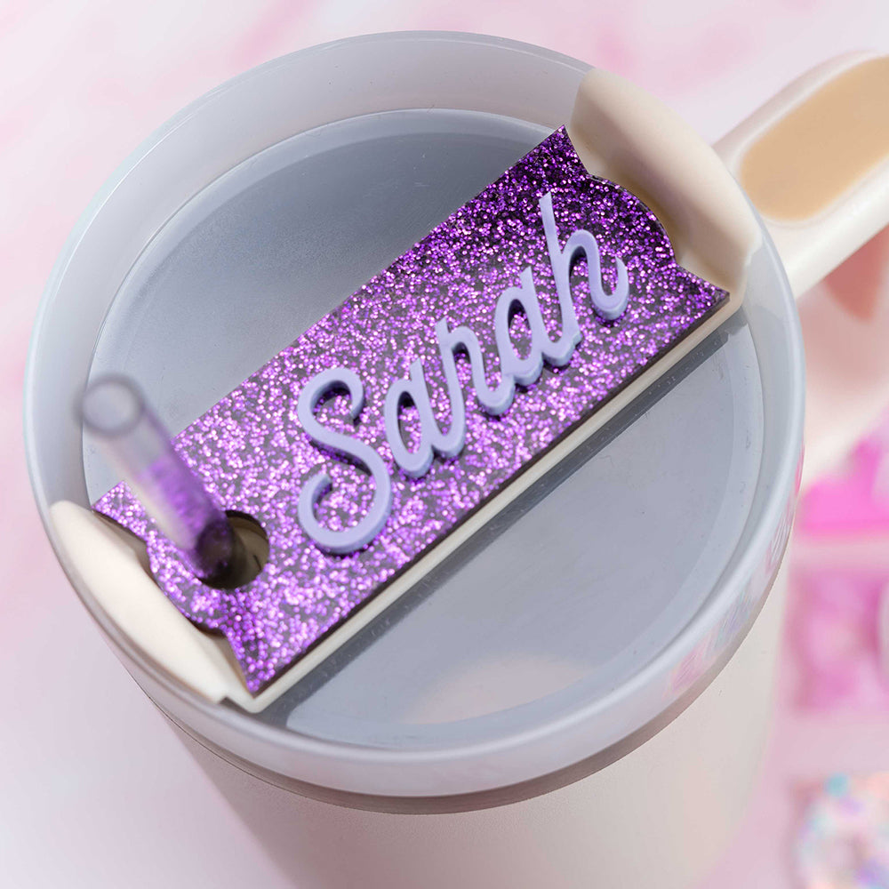Stanley name plate in purple glitter and lilac
