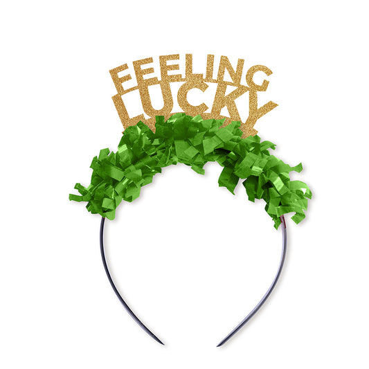 St. Patrick's Day Party Crown Headband in gold and green saying Feeling Lucky