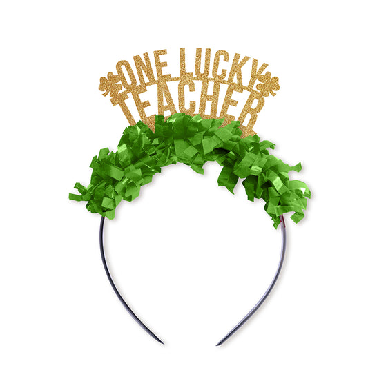 St. Patrick's Day Party Crown Headband in gold and green saying one lucky teacher