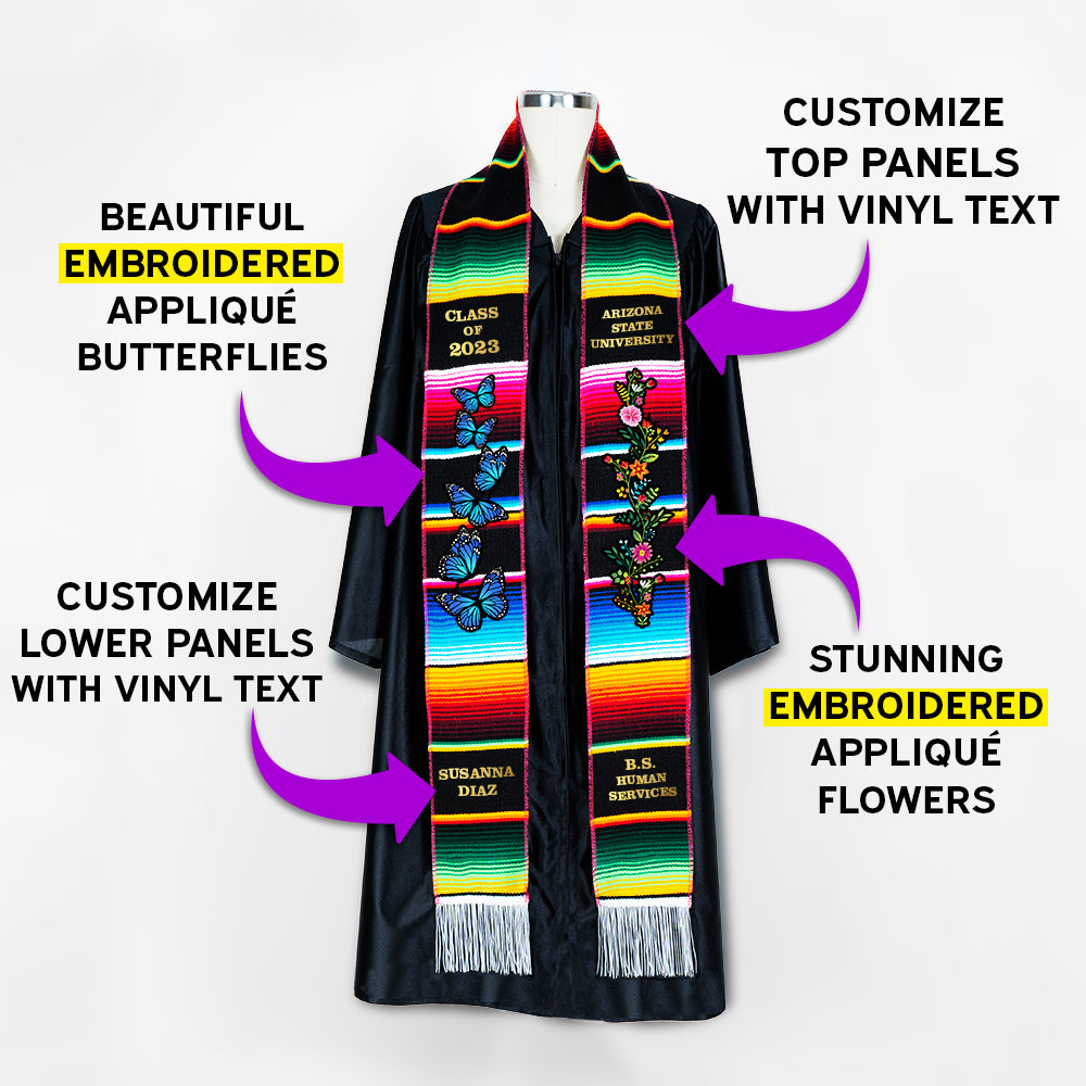 Mexican serape graduation stole with blue butterflies and flowers