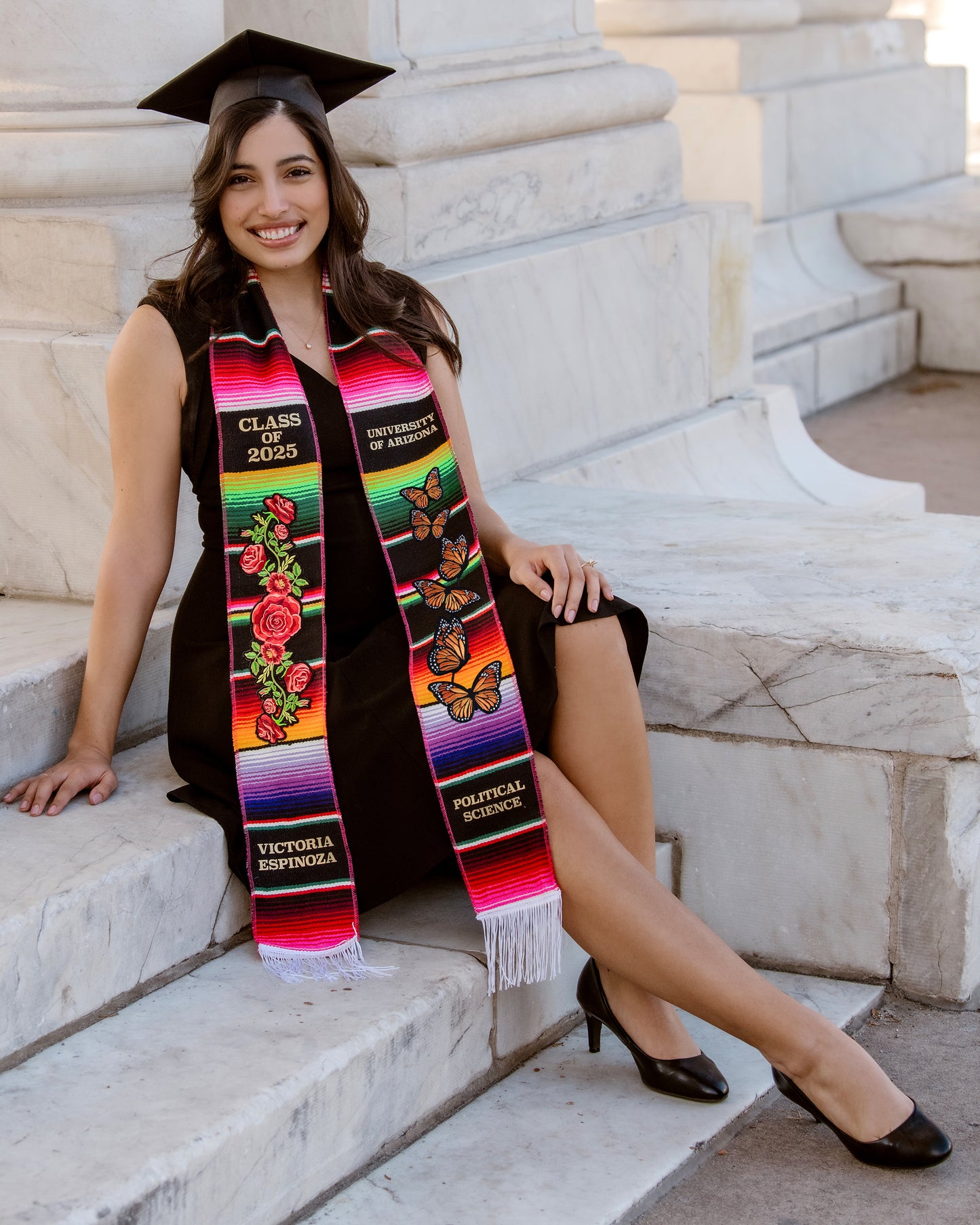 Mexican Graduation Stole with Blue Butterflies and Roses
