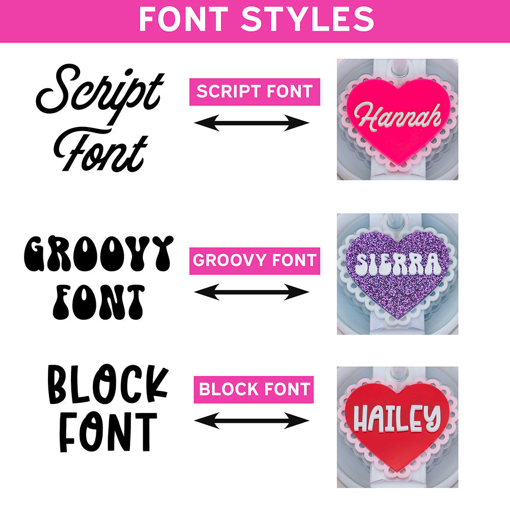Valentine Heart Stanley Name Tag font style options