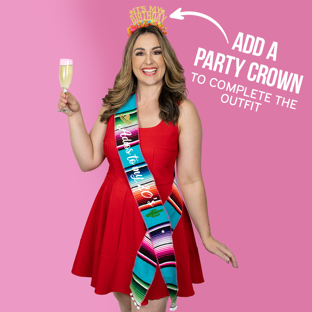 Woman wearing aqua sash and party crown. Add party crown to complete outfit.