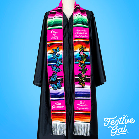 Hot Pink Mexican serape graduation stole with blue butterflies and flowers