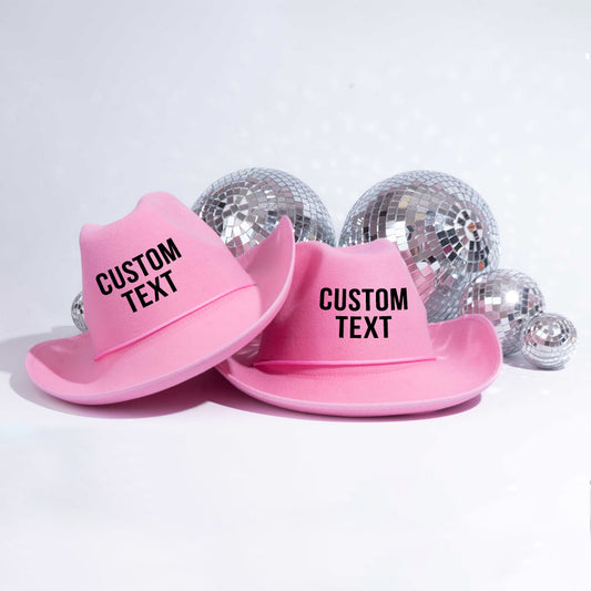 Pink Cowgirl hats with custom text in black