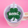 Shamrock Stanley name plate in green glitter. Stanley Personalized Tumbler Name Tag - Make it Yours!