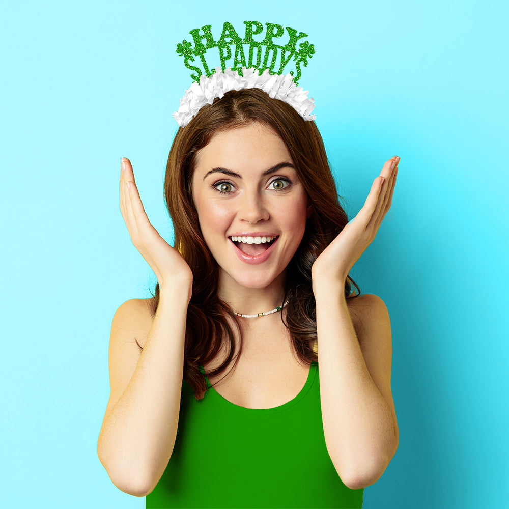 St. Patrick's Day Party Crown Headband in white and green saying Happy St. Paddy's