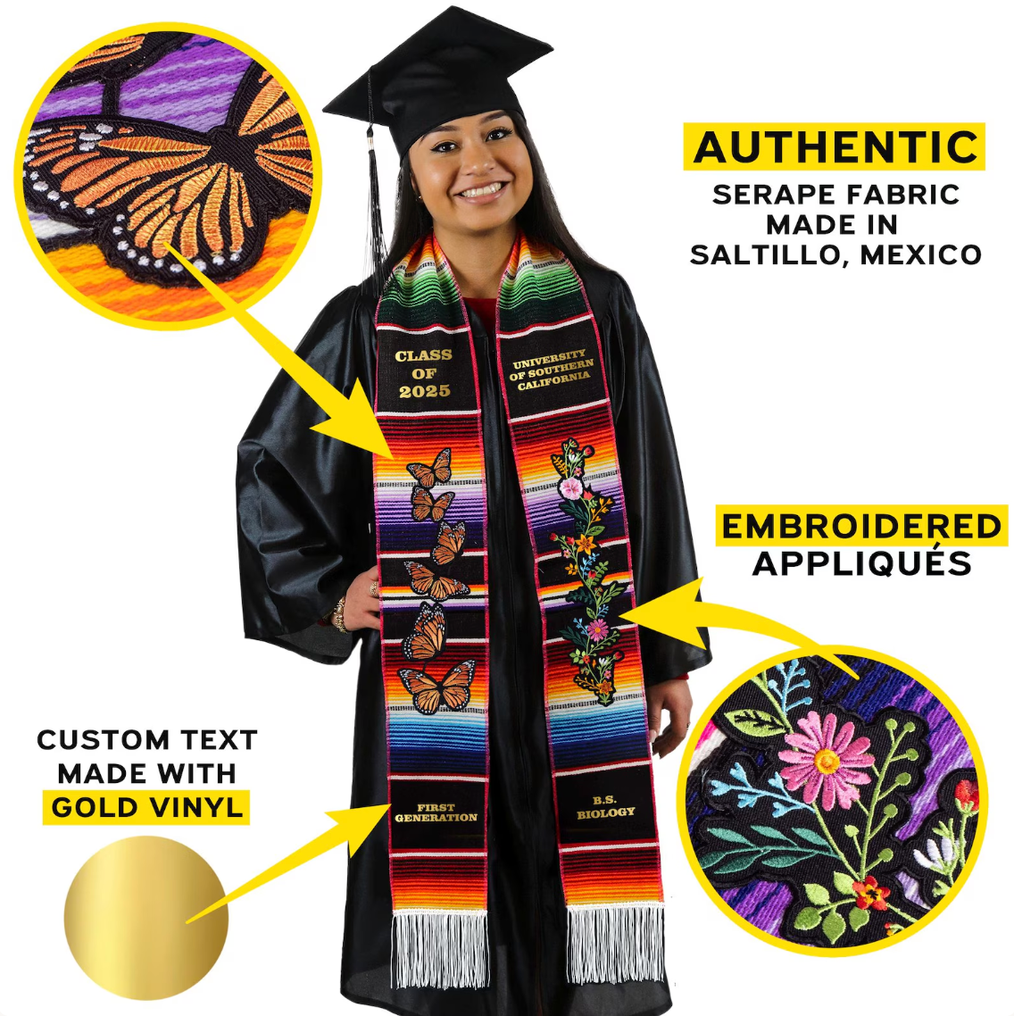Mexican Graduation Stole with Orange Butterflies and Flowers
