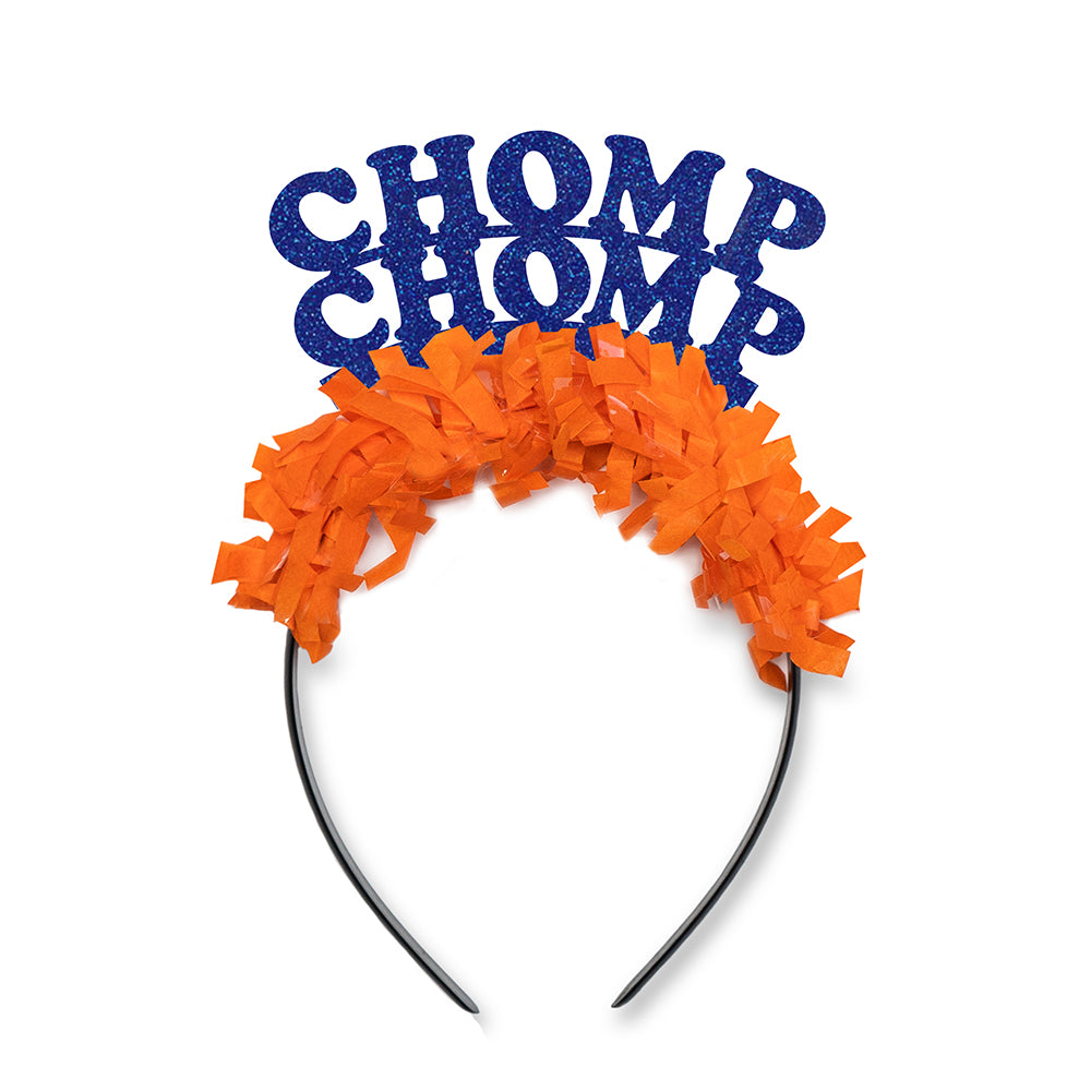 Royal and Orange Florida Game Day Party crown headband that says Chomp Chomp