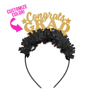 Graduation crown in black and gold that says "Congrats Grad"