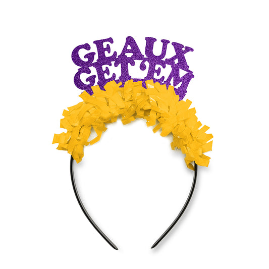Purple and Yellow Louisiana Tigers Party Crown Headband that says Geaux Get Em. Tiger's fan gear