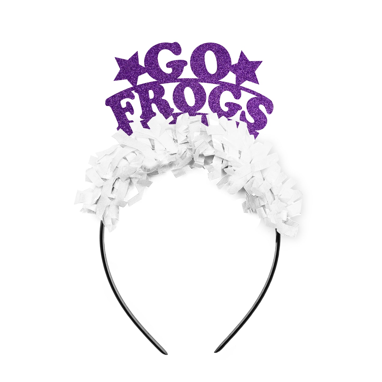 Purple and White Texas Game Day Party Headband that says Go Frogs