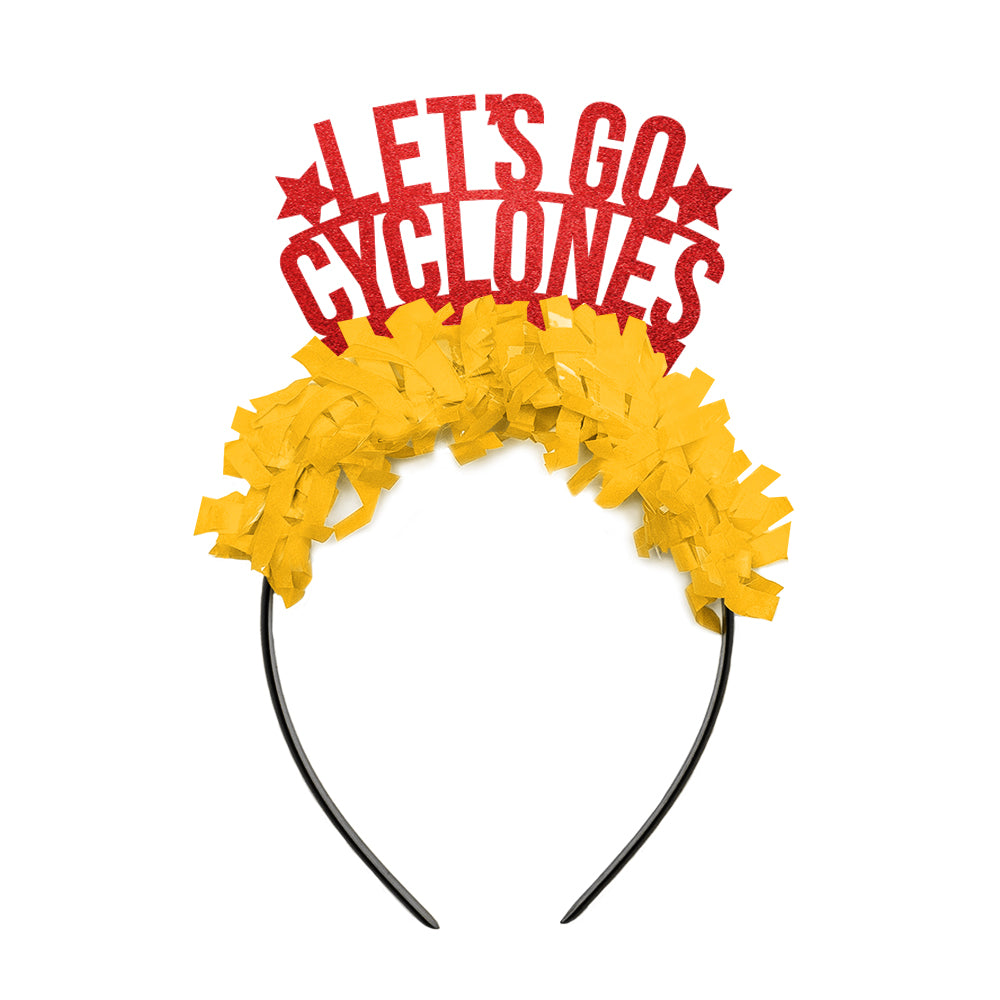 Iowa game day party headband in red and yellow that says let's go cyclones