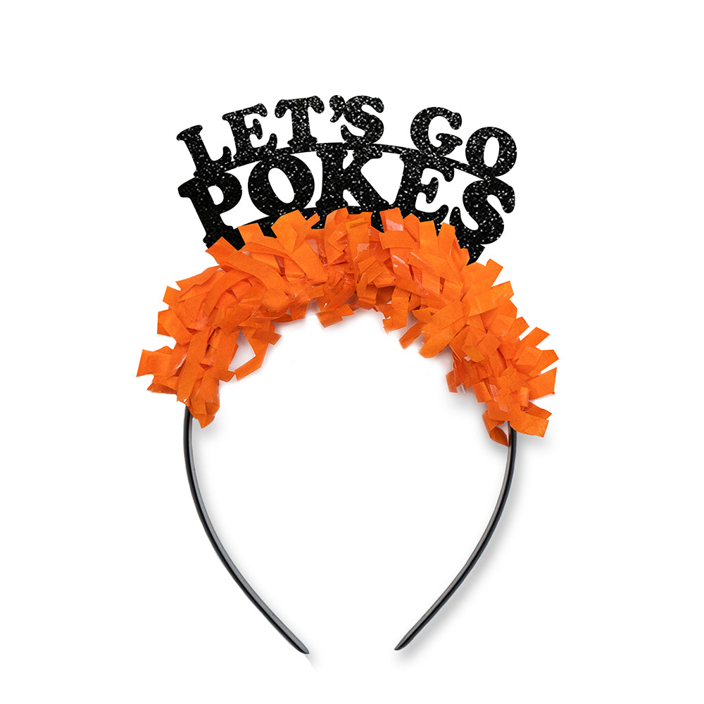Oklahoma game day headband in black and orange that says Let's Go Pokes