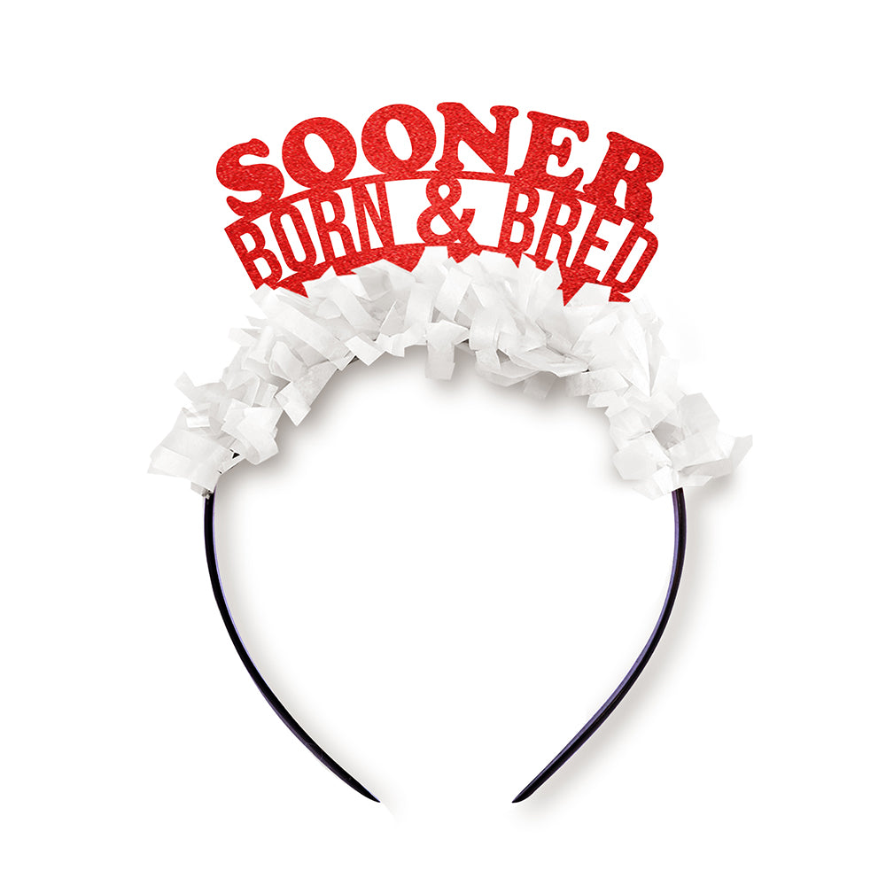 Oklahoma Game day party headband in red and white that says sooner born and bred