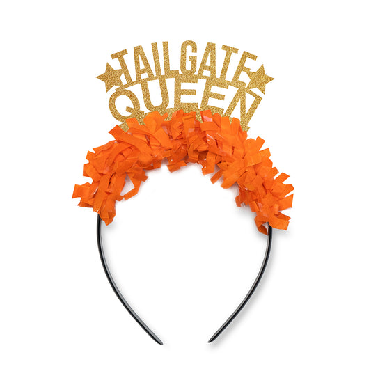 Austin texas game day party headband in gold and orange that says tailgate queen. Texas fan gear
