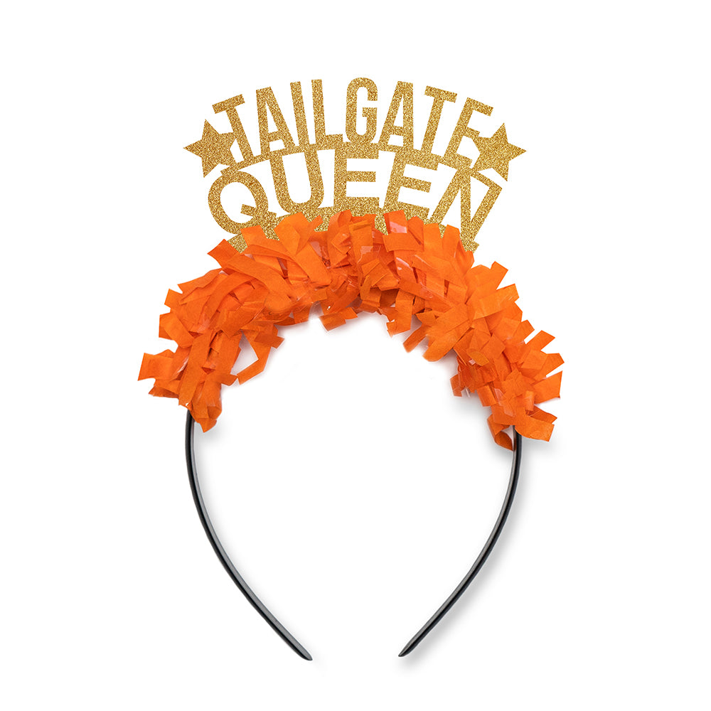 Austin texas game day party headband in gold and orange that says tailgate queen