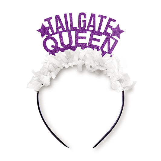 Purple and white game day party headband saying Tailgate Queen