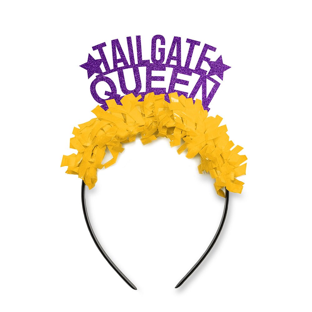 Louisiana Game Day Party Headband in Purple and Yellow that says Tailgate Queen