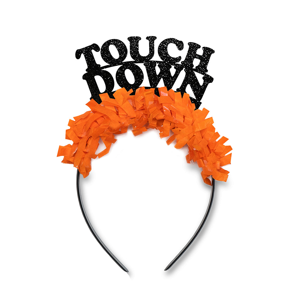 Oklahoma game day party headband in black and orange saying touch down