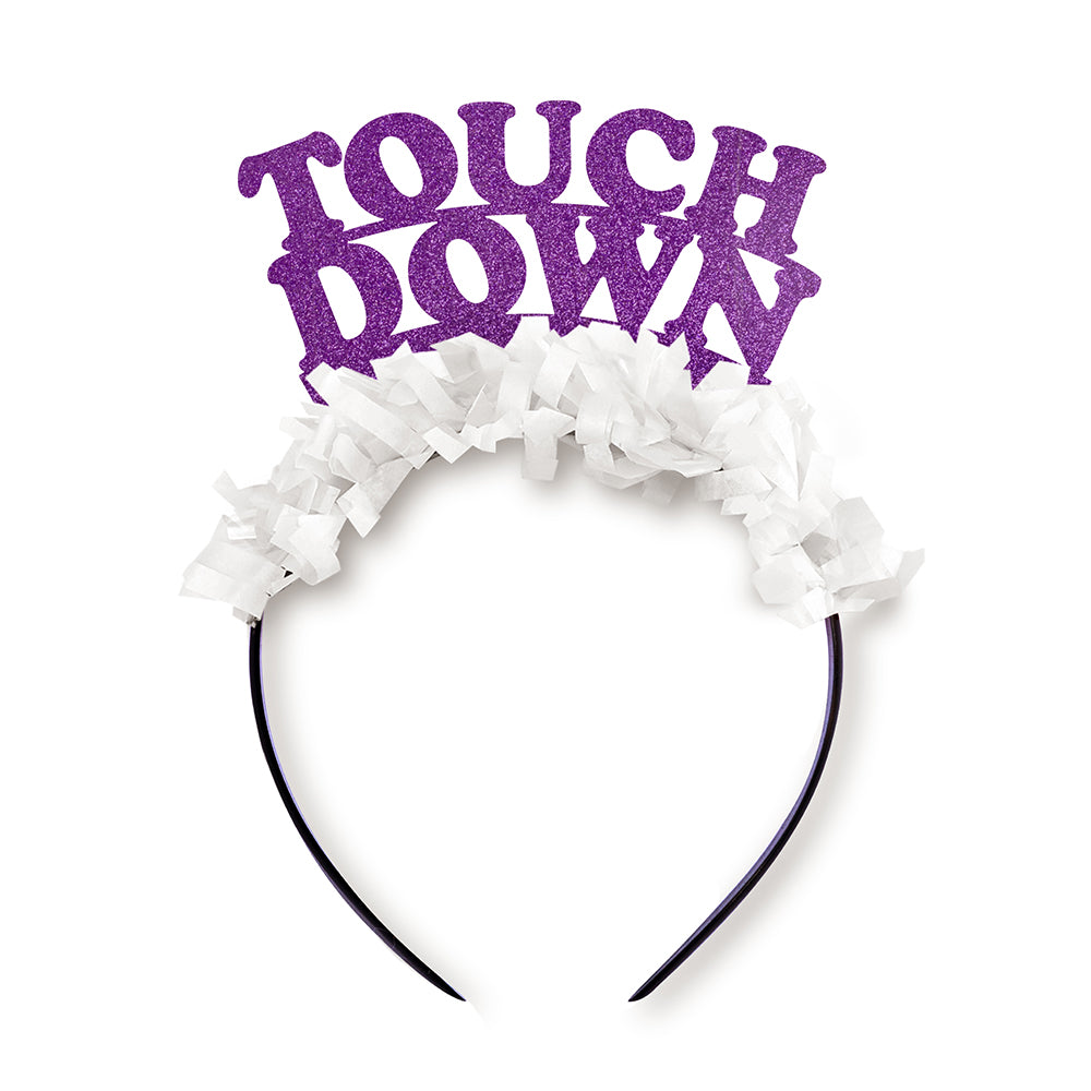 Purple and white game day party headband that says touch down