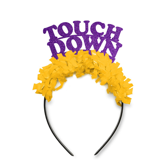 Purple and Yellow Louisiana Tigers Party Crown Headband that says Touch Down