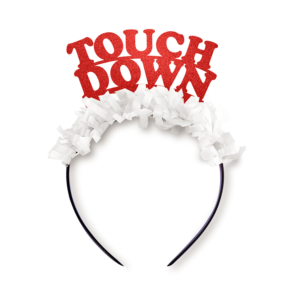 Oklahoma party headband in red and white that says touch down