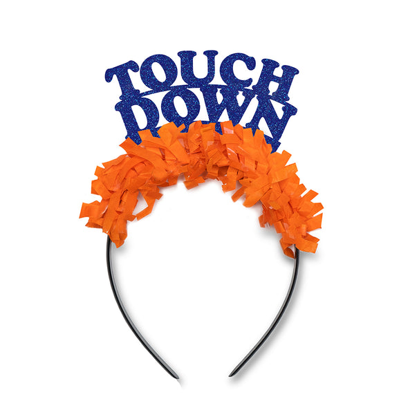Royal and Orange Florida Game Day Party crown headband that says Touch Down