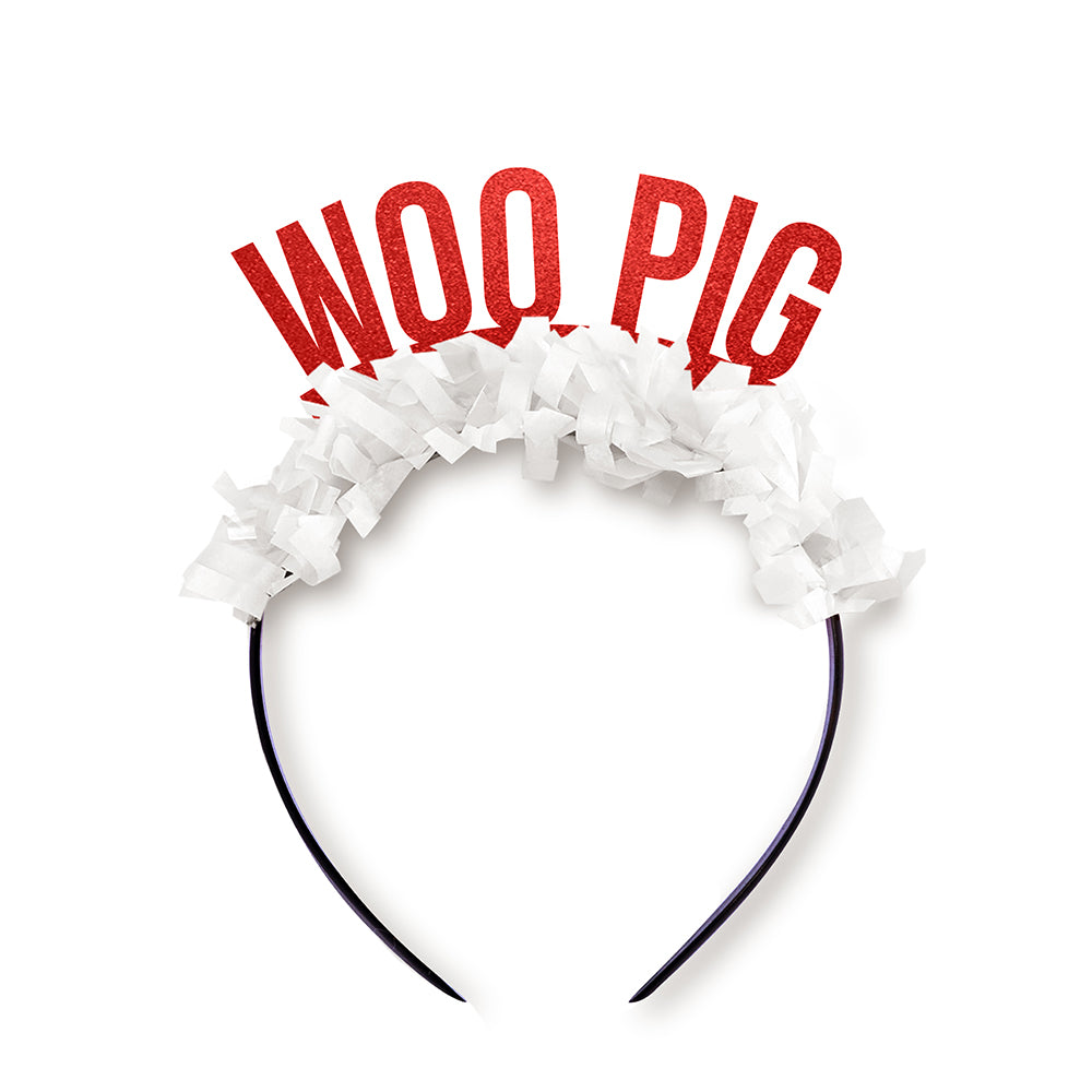 Red and White Arkansas Game Day party headband that says Woo Pig