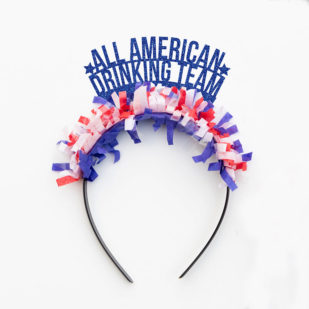 4th of July Party headband that says All American Drinking Team - red white and blue headband for 4th of July party