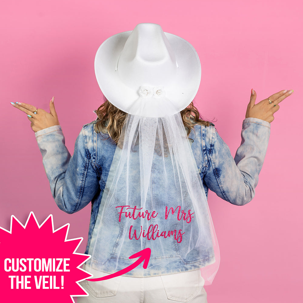 Bachelorette Party Cowboy Hat - Fully Custom White Cowgirl Hat with Veil
