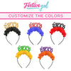 Graduation crowns that say "Congrats Grad" in multiple colors