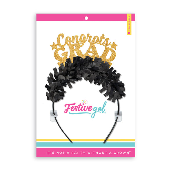 Graduation crown in black and gold that says "Congrats Grad" in Festive Gal packaging