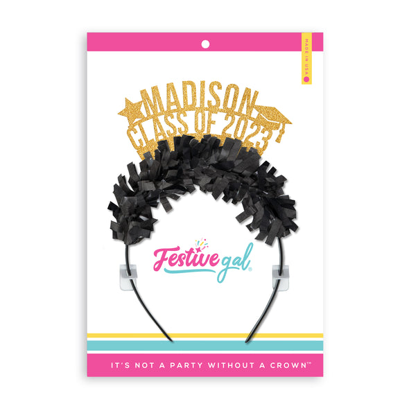 Custom graduation crown in black and gold in Festive Gal packaging