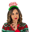 Red glitter party crown with green fringe saying "Let's Get Elfed Up" and has two small stars