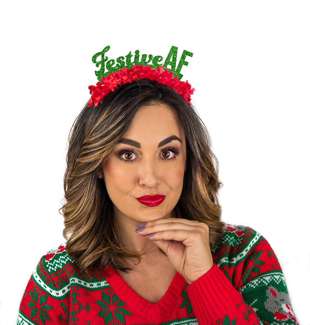Red and Green Christmas party headband that says Festive AF