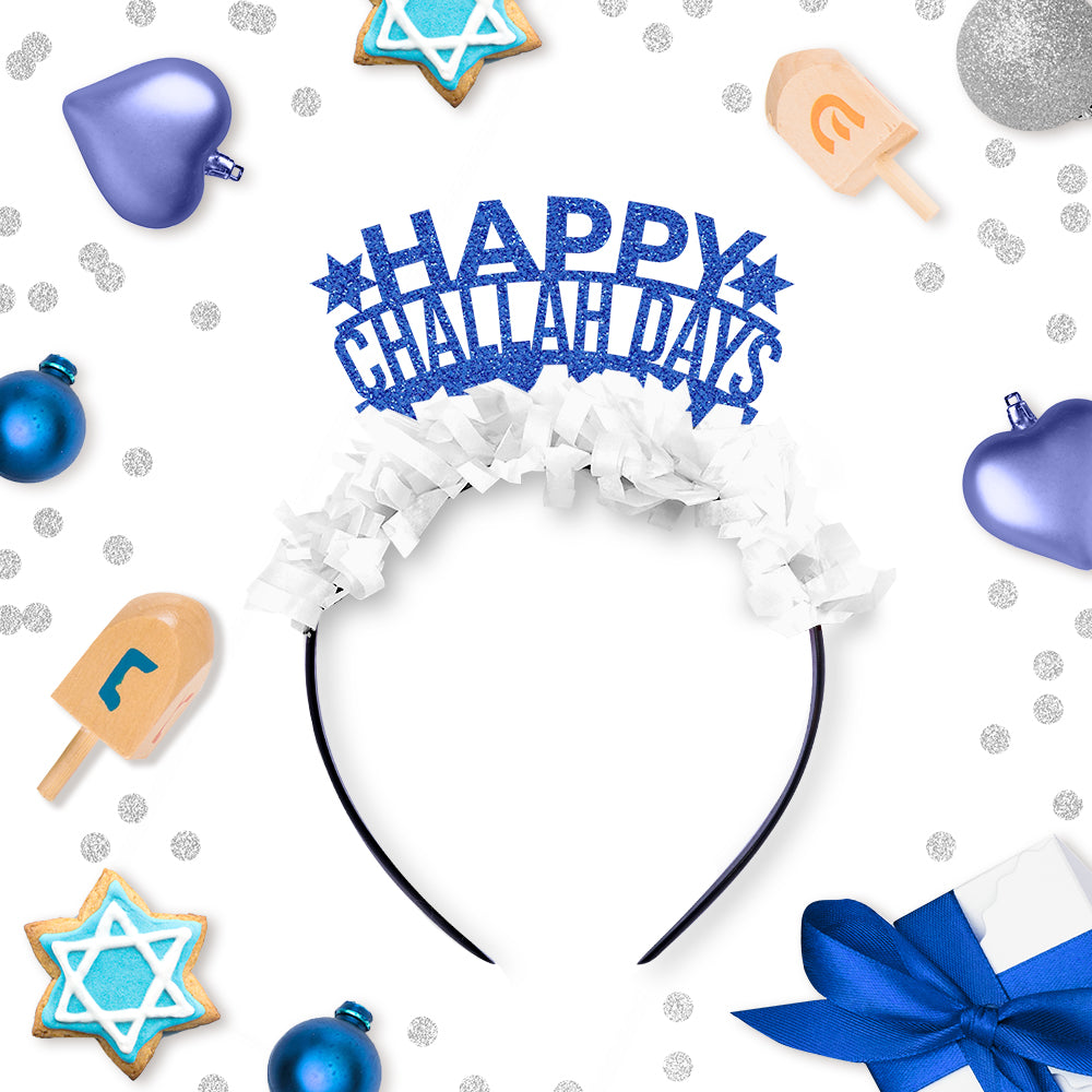 Party Crown in blue and white saying Happy Challah Days.