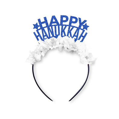 Blue Glitter and White Fringe Party Crown that says "Happy Hanukkah"