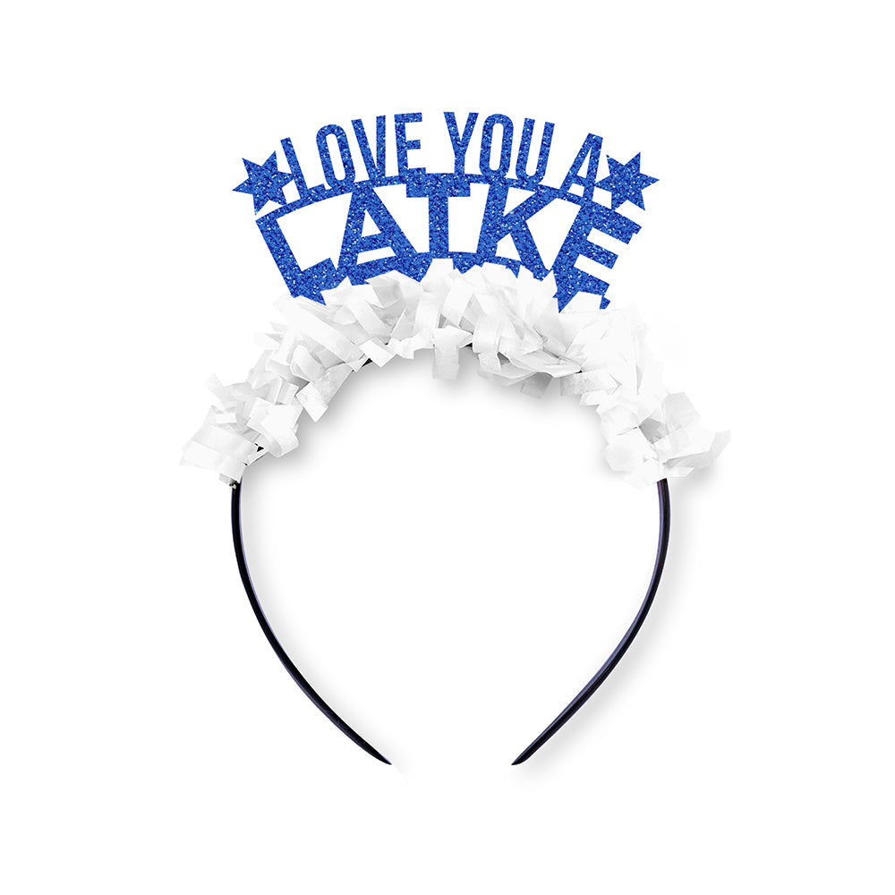 Blue Glitter and White Fringe Party Crown that says "Love You A Latke""