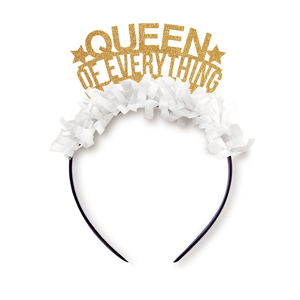 Gold and white party crown headband that says Queen of Everything