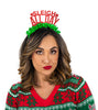 Red glitter and green fringe party crown that says "Sleigh All Day"