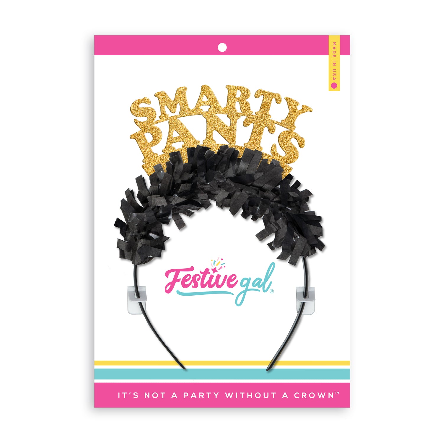 Graduation crown in gold and black that says "Smarty Pants" in Festive Gal packaging.