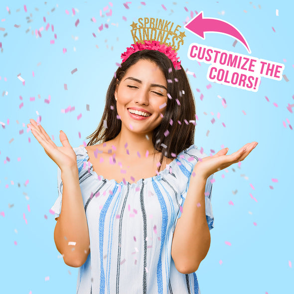 young woman wearing teacher headband that says sprinkle kindness