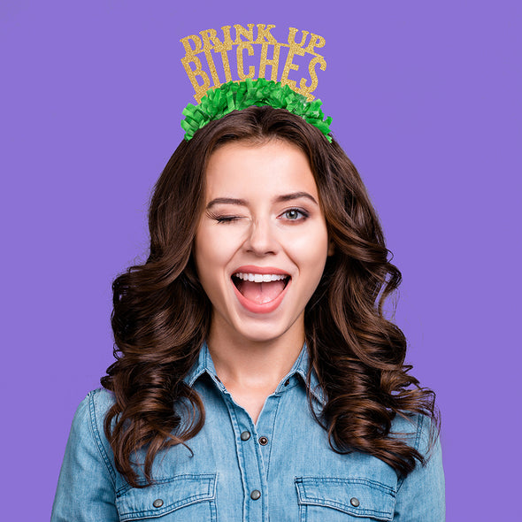 Young Girl wearing St. Patrick's Day Party Crown Headband in gold and green saying Drink Up Bitches