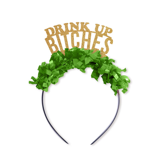 St. Patrick's Day Party Crown Headband in gold and green saying Drink Up Bitches